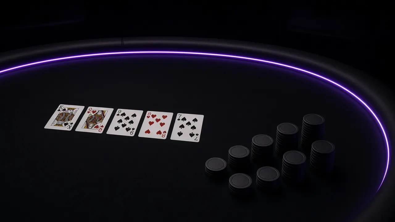 ไพ่หงายเรียงแถวบนโต๊ะบาคาร่าสีดำ พร้อมวงแสงม่วงบาง ๆ